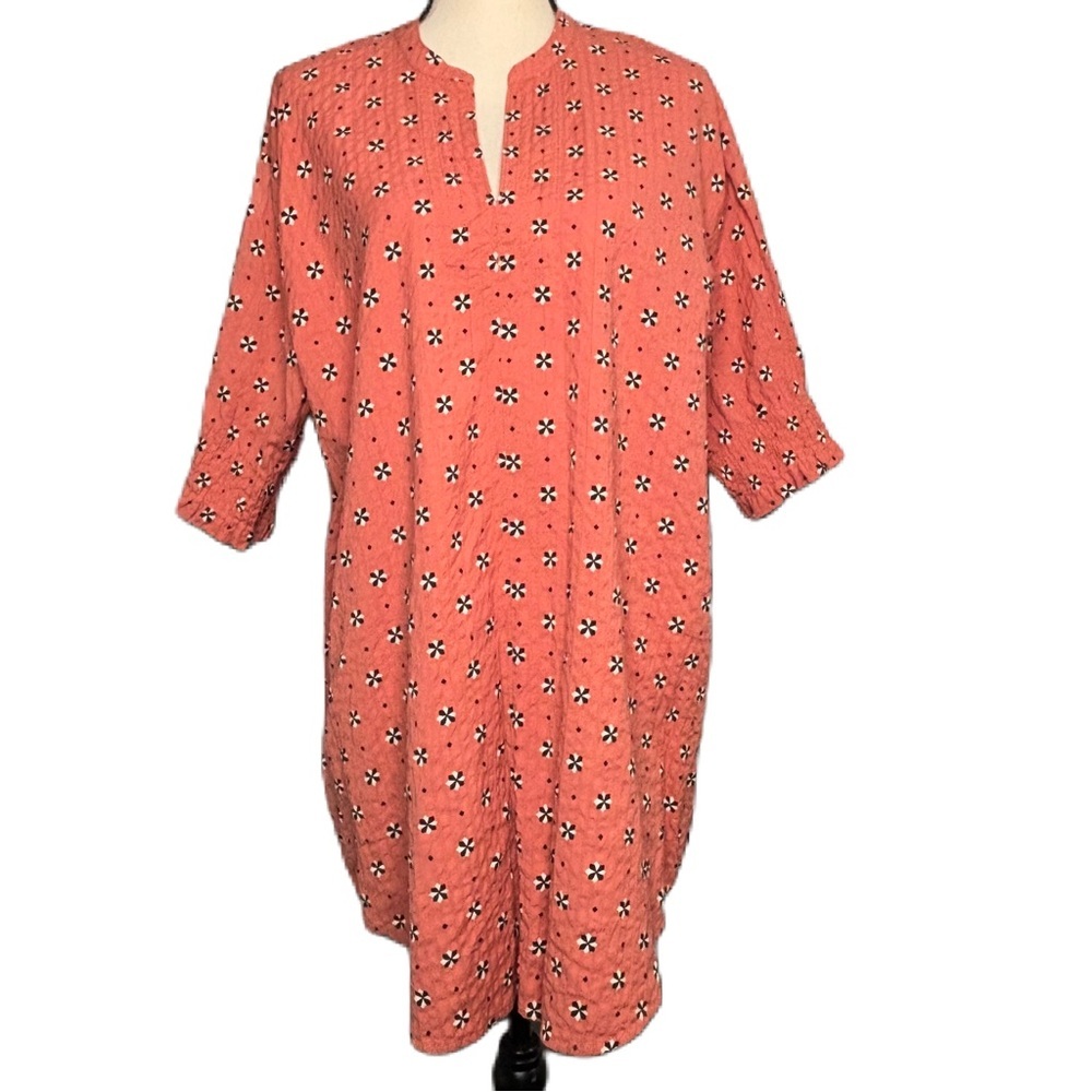 Masai Copenhagen Geometric Floral Sz XL  Smocked sleeve Peach Tunic Blouse